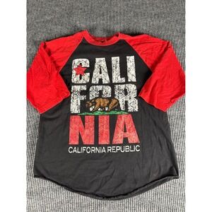 California Republic Raglan Baseball Tee Black Red Bear Graphic Shirt 3/4 Sleeve